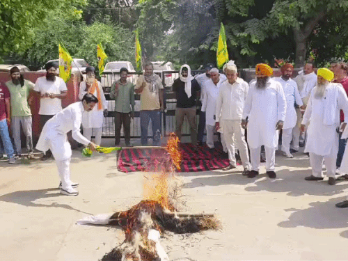 करनाल में धान खरीद को लेकर भड़के किसान:मार्केट कमेटी कार्यालय पर ताला जड़ा, CM सैनी का पुतला फूंका, आंदोलन की चेतावनी